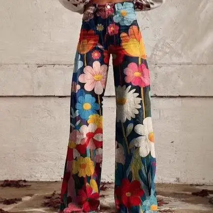 

Лето 2024, модные женские длинные брюки, расклешенные брюки с 3D цифровым принтом, широкие джинсы с талией, смесь полиэстера и спандекса