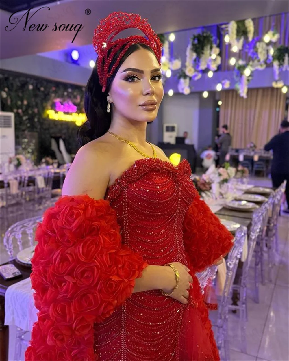 Luxury Red Mermaid Prom Dresses Vestidos De Noiva Cape Long Sleeves Women Beaded Evening Dress Dubai Party Dress 2025 Customized