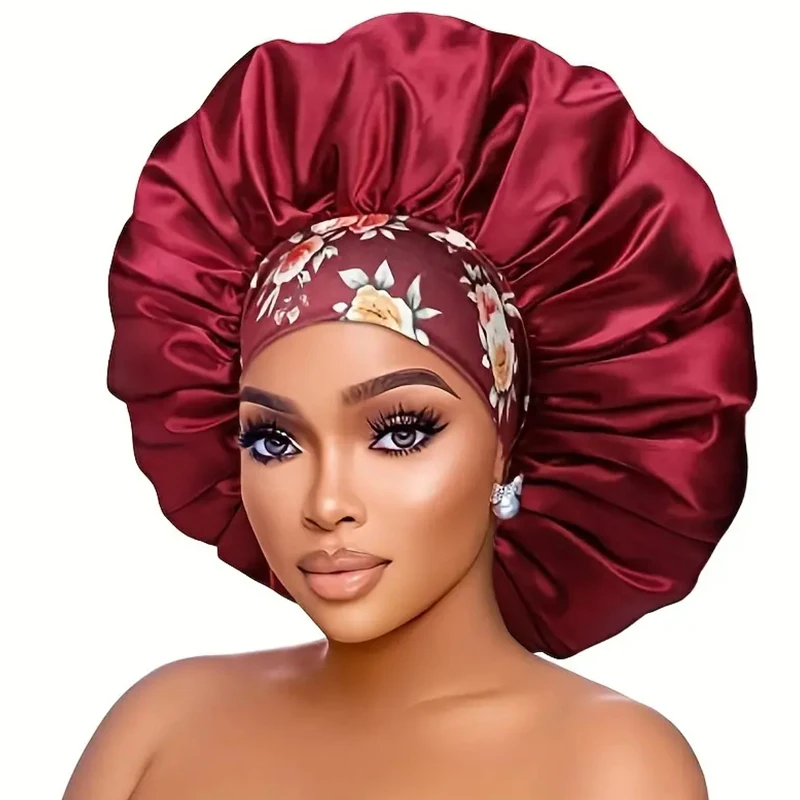 Women Extra Large Silky Satin Hair Bonnet Thick Hair Sleep Cap Elastic Band Beanie African Headwrap Flower Turban Chemo Caps