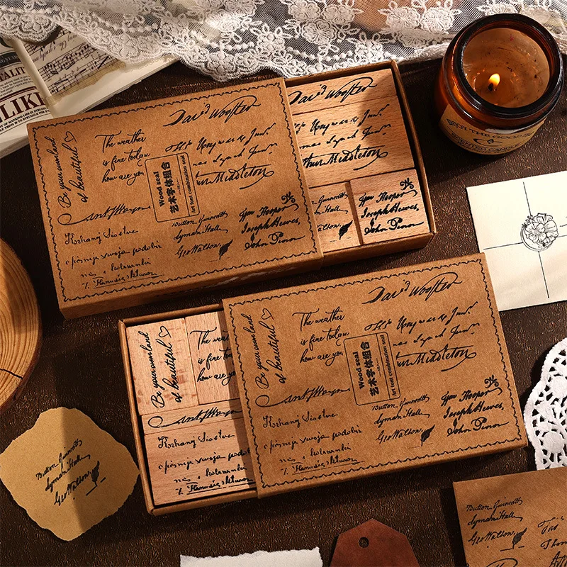

8pcs/set Beech Wood Art Font Series Wooden Seal Stamps Retro English Letter Children's Seal Stamping Set