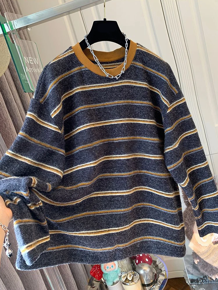 

Retro Korean Sle Long Sve T-irt Loose Casual round Ne Striped Top for Women Spring Autumn Faionable ex