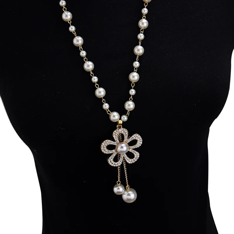 AETEEY Long Pearl Tassel Crystal Necklace Fashion Autumn Winter Versatile Women Pendant Chain