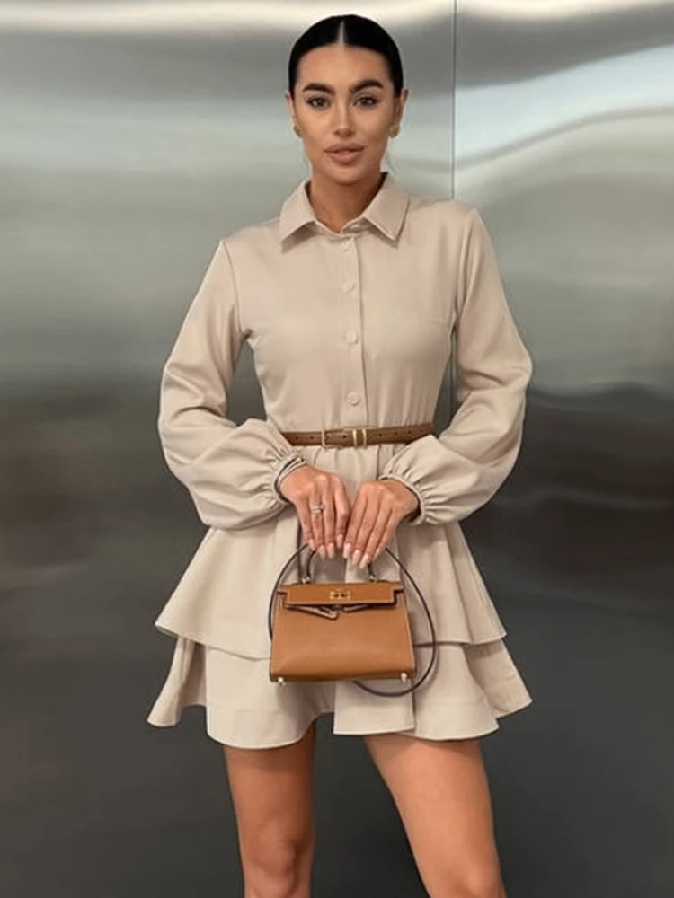 Trendix Mini abiti retrò eleganti solidi Colletto della camicia alla moda Bottoni patchwork Abiti corti Abito casual vintage con volant