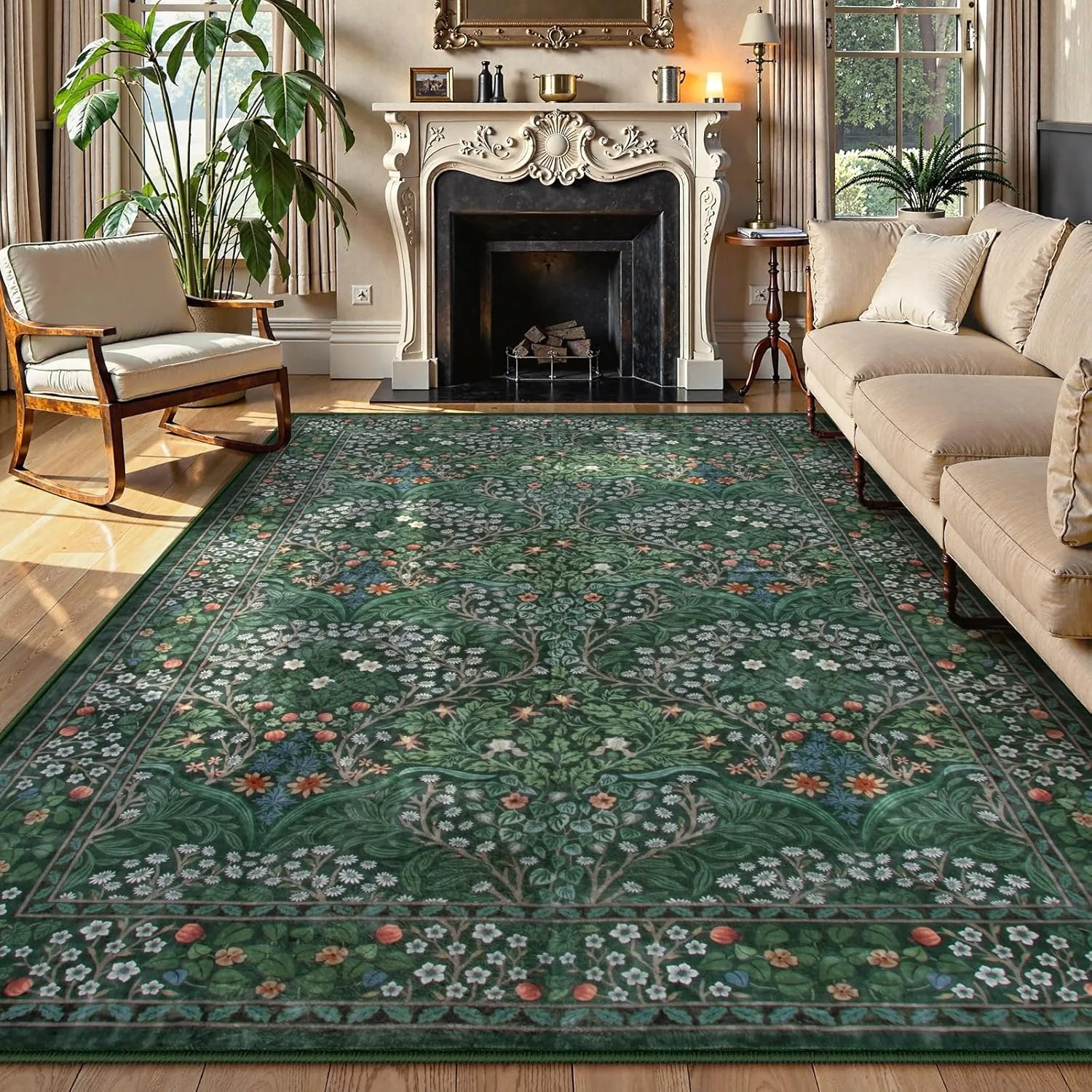 Green Botanical Printed Living Room Carpet Soft Machine Washable Floor Mat Bedroom Bedside Rug Modern Home Decoration Ковер 러그