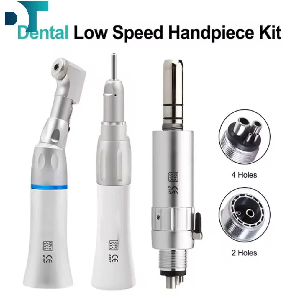 Dental Low Speed Air Motor Set Handpiece Straight Contra Angle Fit For Air Turbine Dental Lab Equipment 2/4Hole 1:1 Blue Ring