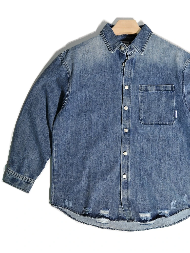 

American Sle Heavyweight Retro Hong Kong Street Loose Fit Denim irt Casual Outerwear Youth Trend Cotton Polyester Blend