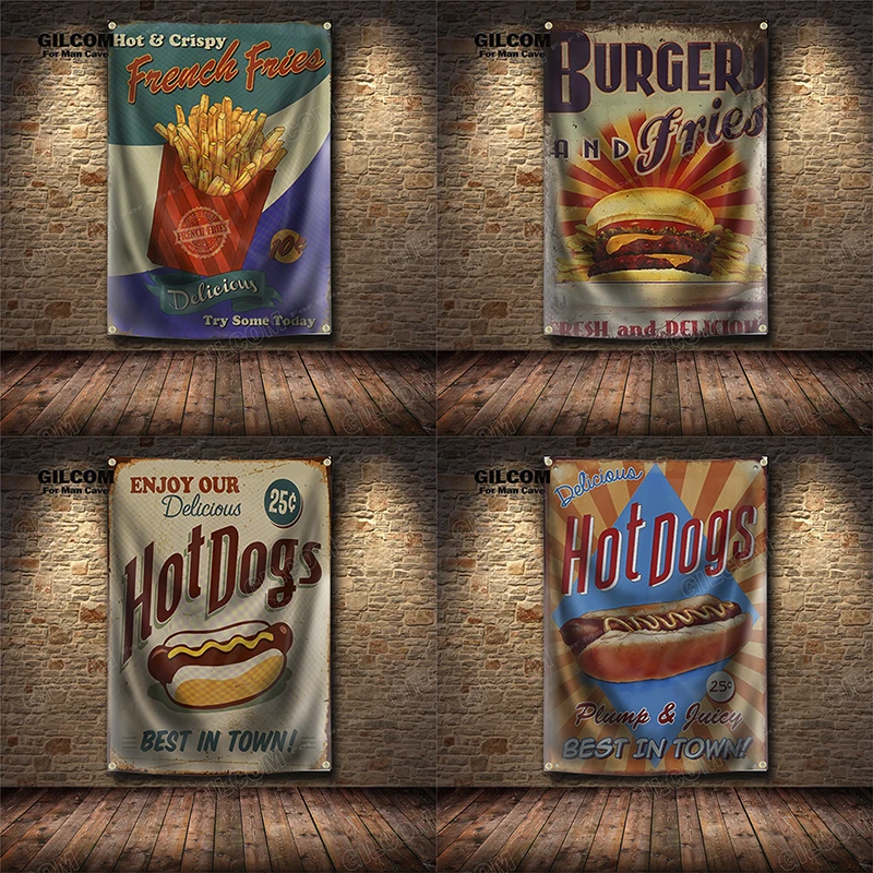 Hotdog Hamburg Banner Flag French Fries Snack Menu Decoration Poster Wall Art AD Vintage Sign Motor Car Man Cave Pub Club Bar