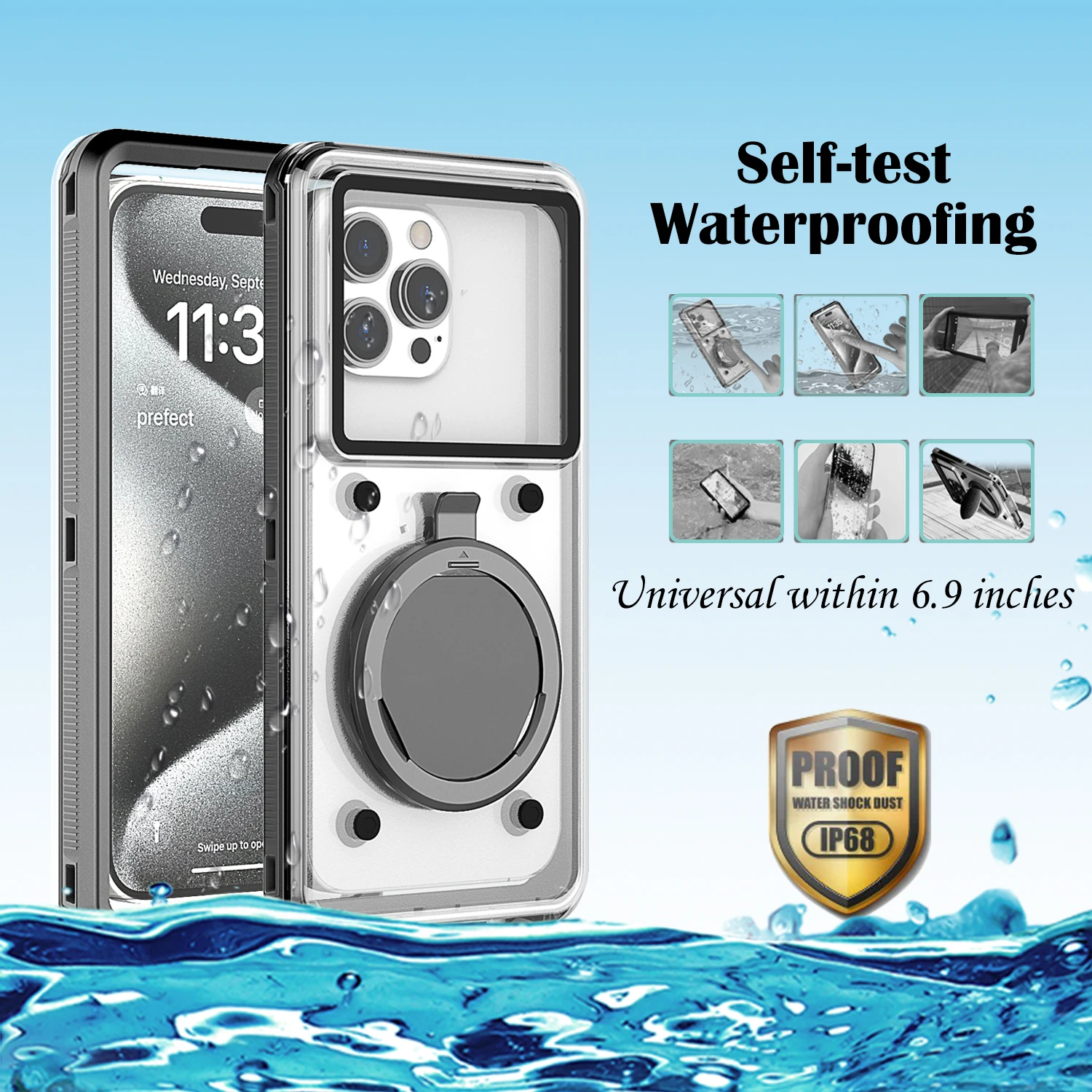 IP68 Self-test Waterproof Phone Case For iPhone 11 12 13 14 15 Pro Max 15Plus For Samsung Huawei Xiaomi Google Universal Cover