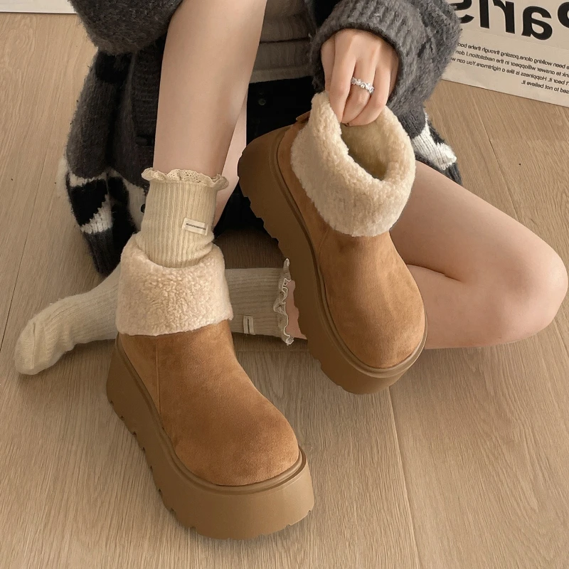 

Winter Fashion Thick Sole Women Fur Snow Boots Concise Height Increase Shoes Ladies Outdoor Keep Warm Cotton Short Booties