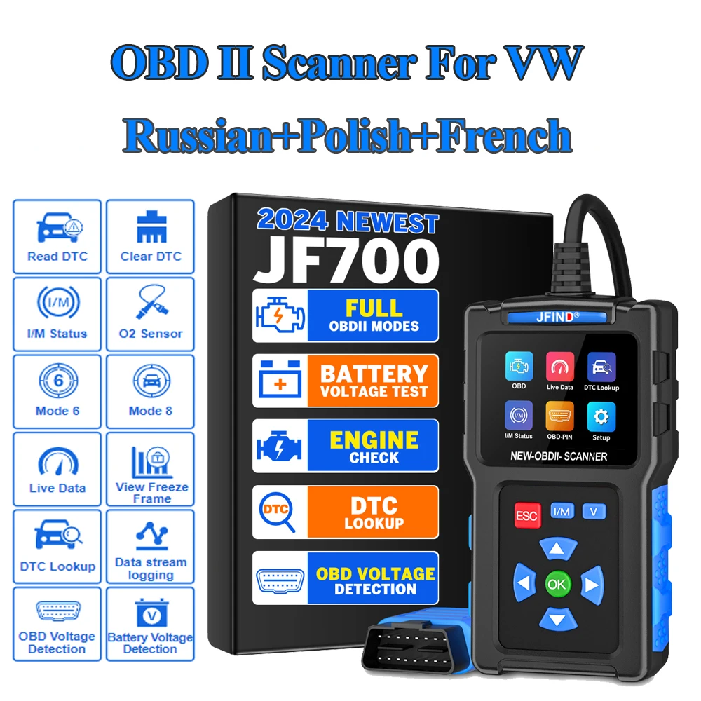 

JFIND JF700 для VW OBD2 автомобильный сканер считыватель кодов неисправностей двигателя автомобильный диагностический инструмент I/M готовый тестер поддержка русского языка