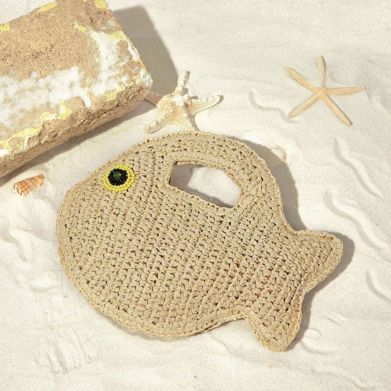 

Paper Rope Woven Goldfish Bag, Ethnic Handbag Turtle Rattan Pendant, Eco-friendly Ocean Series Straw Crossbody Bag For Vacation