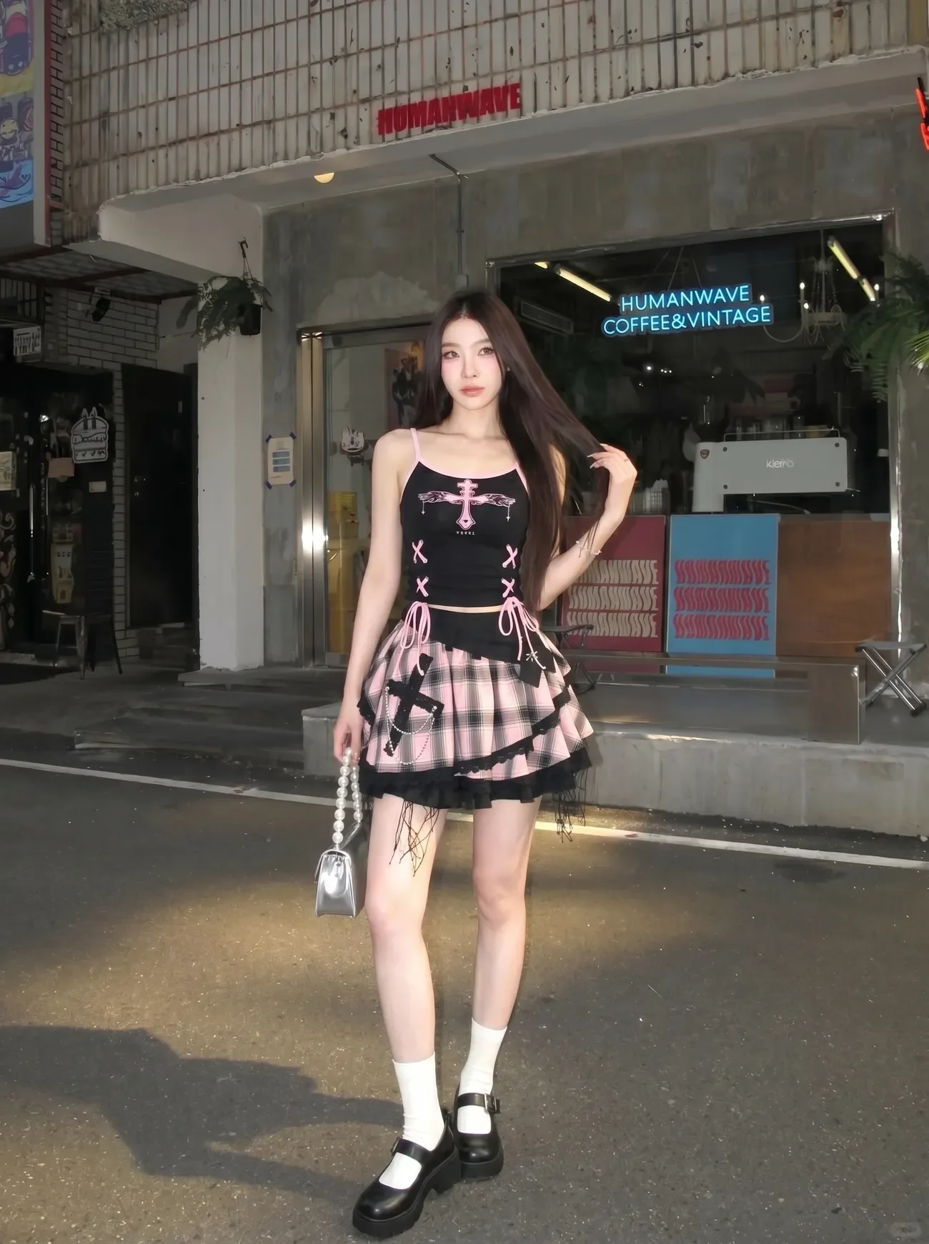 Vintage Y2K Dark Sweet Skirt Set Women Cami Plaid Tiered Skirt Lace Cross Bowknot Top Shirt and Harajuku Outfit Skirt Woman Set view 4