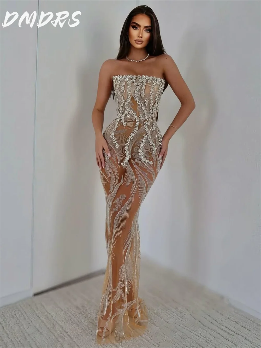 

Luxurious Beaded Prom Dress 2025 Charming Strapless Sleeveless Diamond Bridal Gown Elegant A-line Floor-length Dress Customized