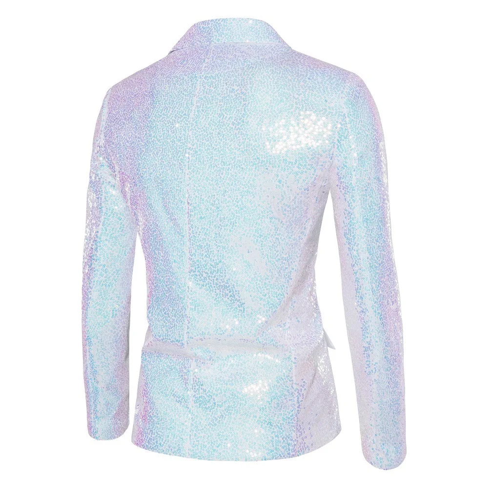 Shiny Sequin Suit Jacket Men\'s Stage Performance Coat White Silver Blue Red Purple Blazers V-neck Single Button 27100240