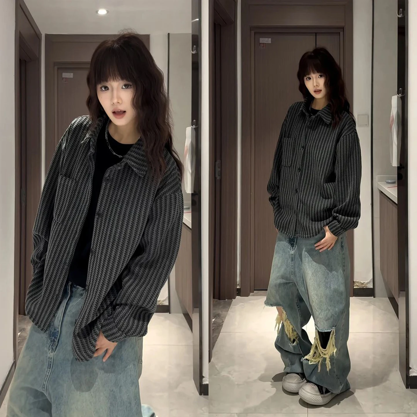 

American Sle Knitted Jaet Long Sve ex Early Autumn Casual Wear Fibone Pattern irt Open Cardigan Outerwear