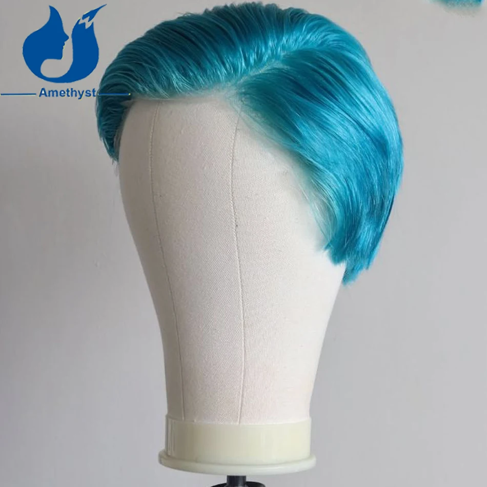Amethyst Men's Blue Color Short Cut Wig Human Hair Pre Style Brazilian Remy Soft Hair Full Transparent Lace Straight Pre Plucked