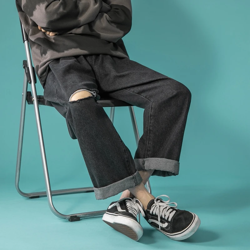 

Men's Vibe Style Jeans Street Spring and Summer Thin Loose Knife Cut Hole Pants Student Baggy Straight Wide Leg Pants Black Blue