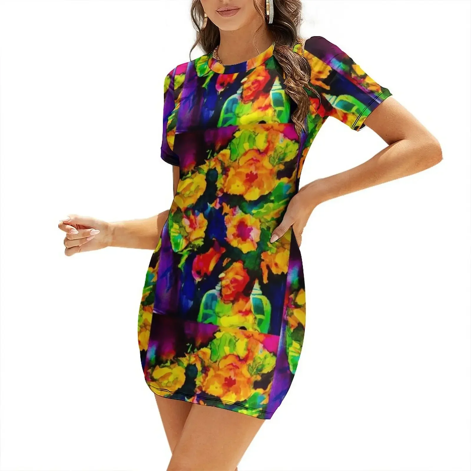 

bright roses Short-Sleeved Dress dresses for women 2026 wedding guest dress 2026
