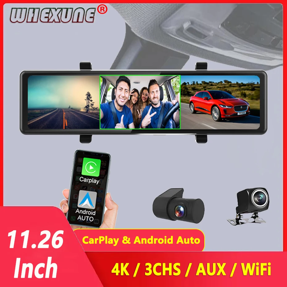 4K Car DVR 3 Channel DashCam GPS Track Night Vision Wireless Apple Carplay and Android Auto Voice Control Rearview Mirror Camera