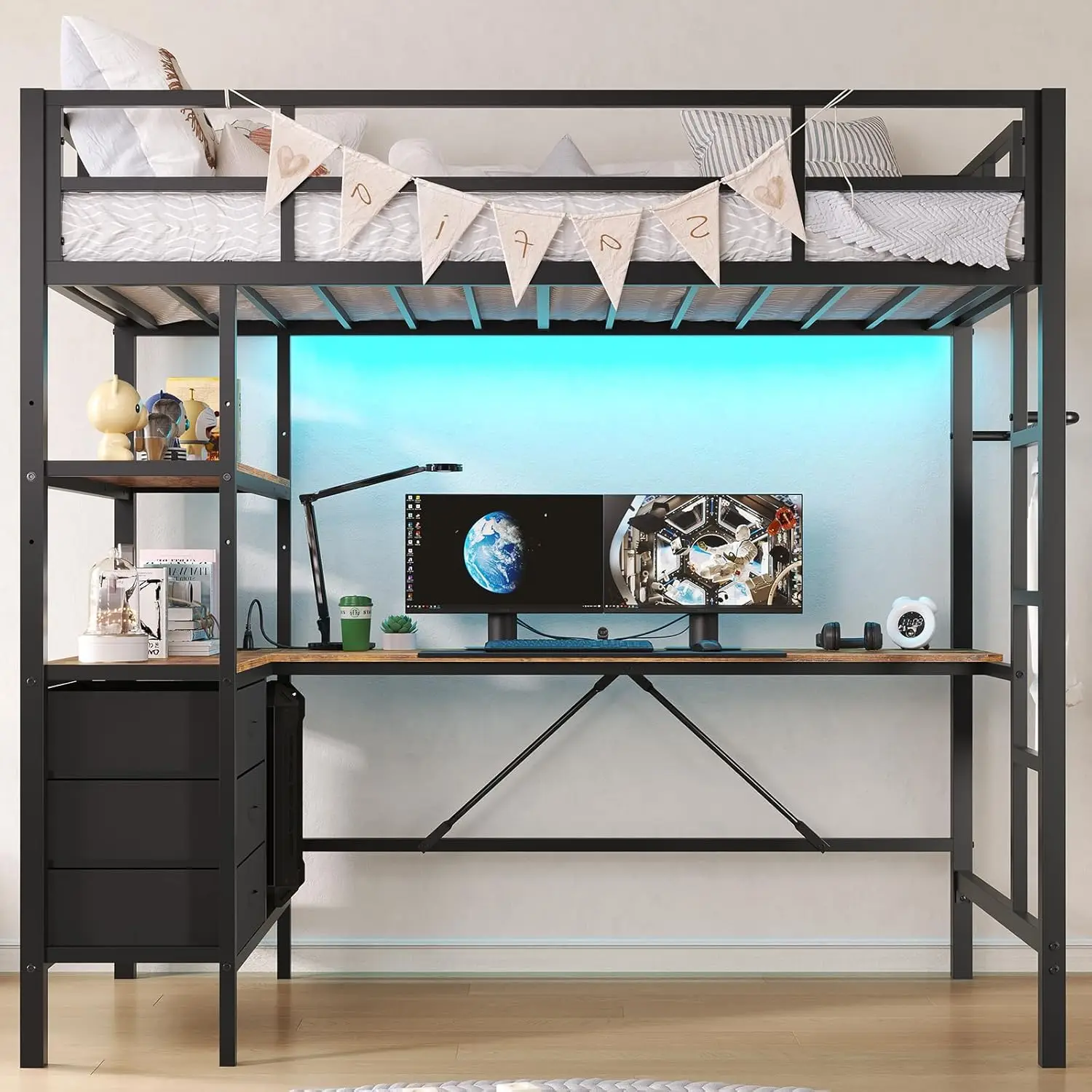 Twin Metal Loft Bed with L-Shaped Desk, LED Lights,Charging Station LED Loft Bed Frame Twin Size with 3 Storage Shelves a