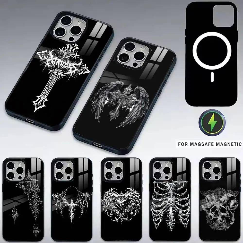

Gothic T-Cyber Sigil Cross Phone Case For iPhone17,16,15,14,13,12,11 Plus,Pro Magnetic For Magsafe Wireless Charging