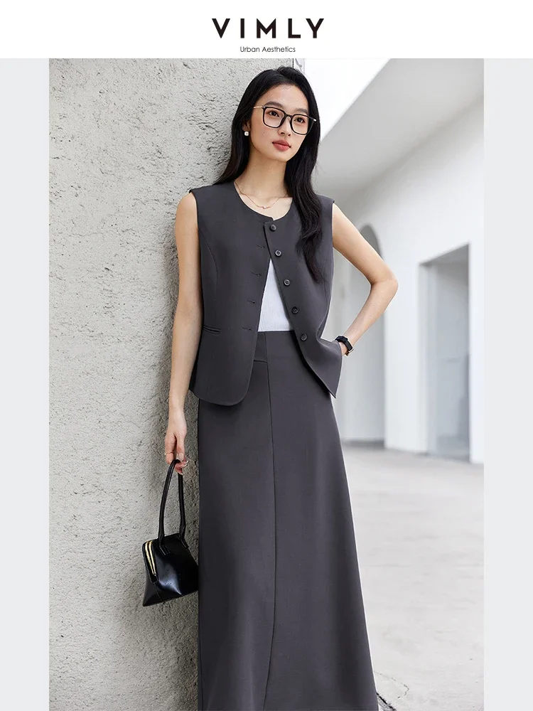 VIMLY Women Office Lady 2 PCS Set 2025 Spring Simple Sleeveless Cardigan Vest+Straight A-Line Split Skirt Casual Loose Outfits