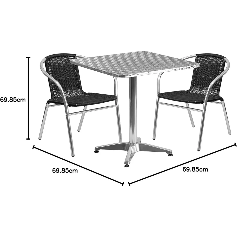 "Conjunto de mesa quadrada de alumínio para exterior de 27,5 polegadas com duas cadeiras de vime preto"