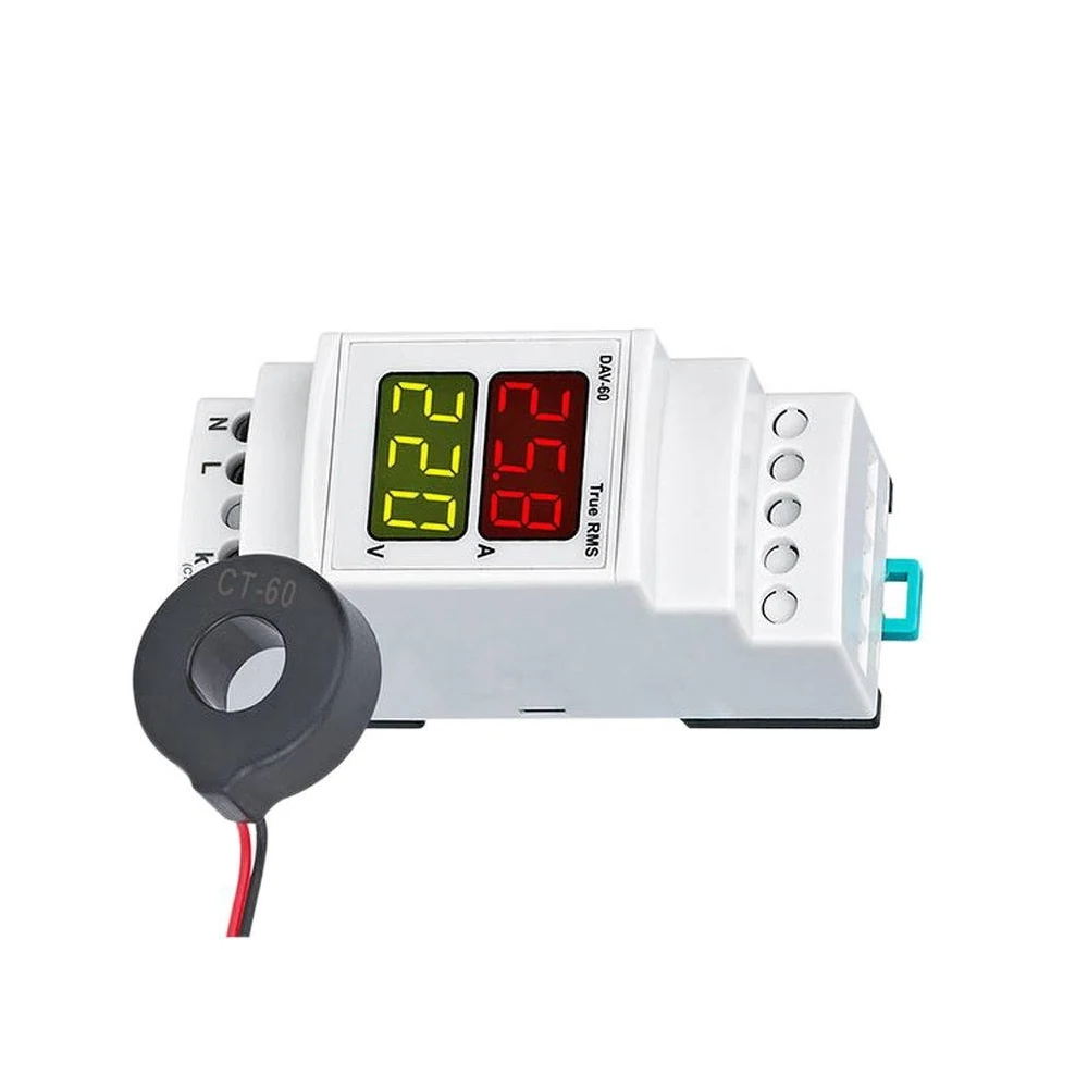 Digital DIN Rail Voltage Current Meter Dual 3-Digit Display with CT Transformer 140-270V AC 50/60Hz 1-63A Voltage Current Meter