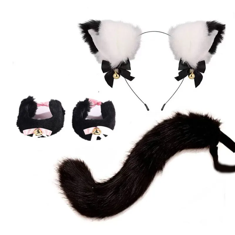Handgefertigte Katzenohren-Glocken-Stirnband- und Schwanz-Accessoire-Sets, schwarz, pelzig, für Halloween, Cosplay, Party, Tanz, Performance, Bekleidung, Kostüm-Requisiten – Detail 17