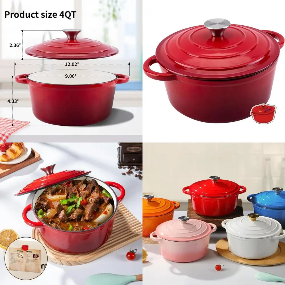 

Red 4-Quart Enamel-Coated Cast Iron Dutch Oven with Lid for Baking, Braising, Stews, and Roasting, Oven-Safe to 500°F