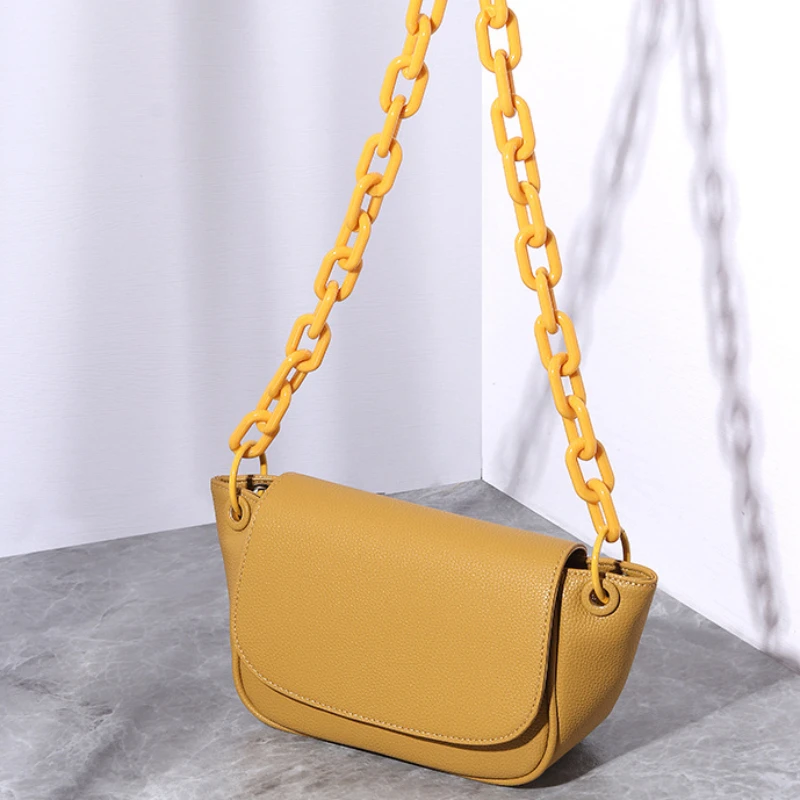 Women's Fashion Bags Genuine Leather Single Shoulder Bag Underarm Acrylic Chain Small Square Bag Lady Versatile Soft Handbag