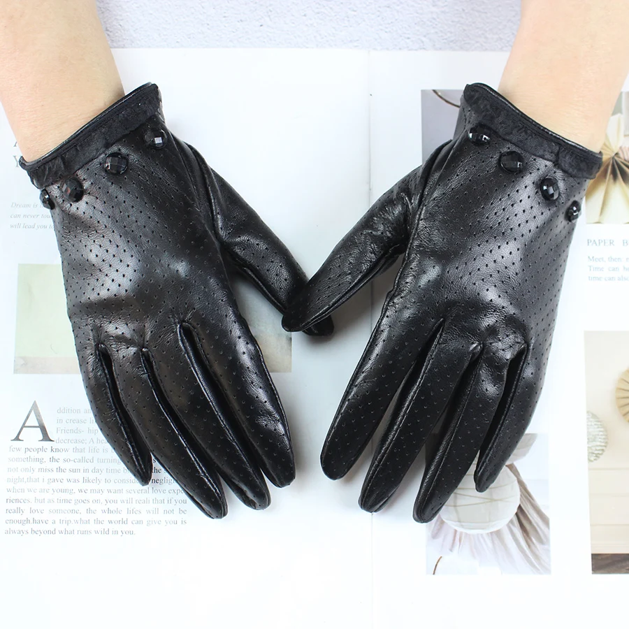 Guantes de cuero para conducir para mujer, manoplas delgadas sin forro perforadas, estilo hueco, cortas, para primavera y otoño