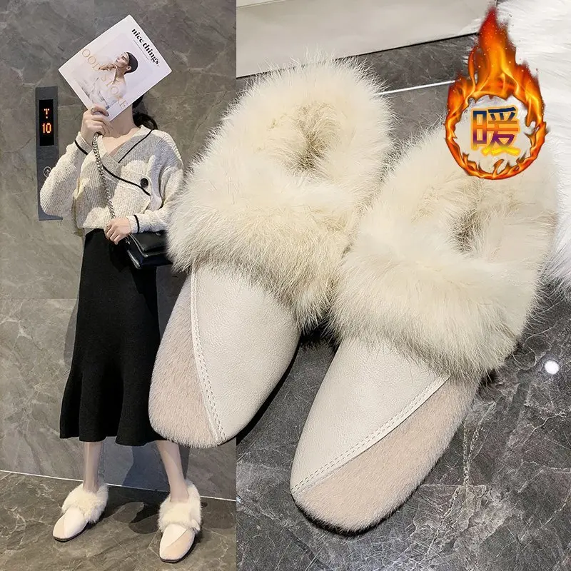 Winter Patchwork square toe fur shoes women fluffy plush flats add cashmere moccasins retro warm rabbit fur loafers woman 2021