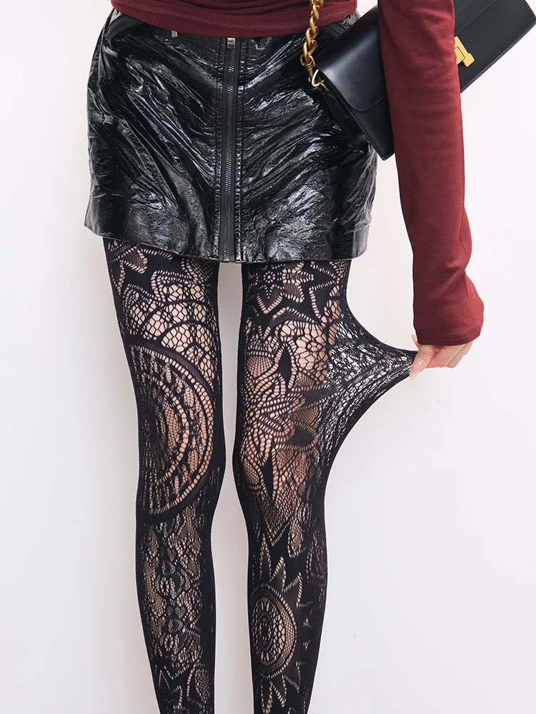 新作西洋風レトロひまわりトーテム柄パンスト、エビルゴス風タイツ、女性用セクシーなプラスサイズジャカードメッシュフィッシュネットストッキング