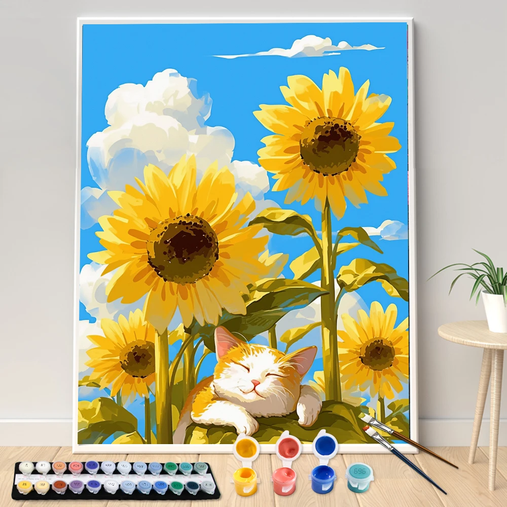 Hand Painting Cartoon Flower Sunflower Cat Landscape Painting By Numbers Kit DIY Artwork Canva Art GiftHome Decoration Gift