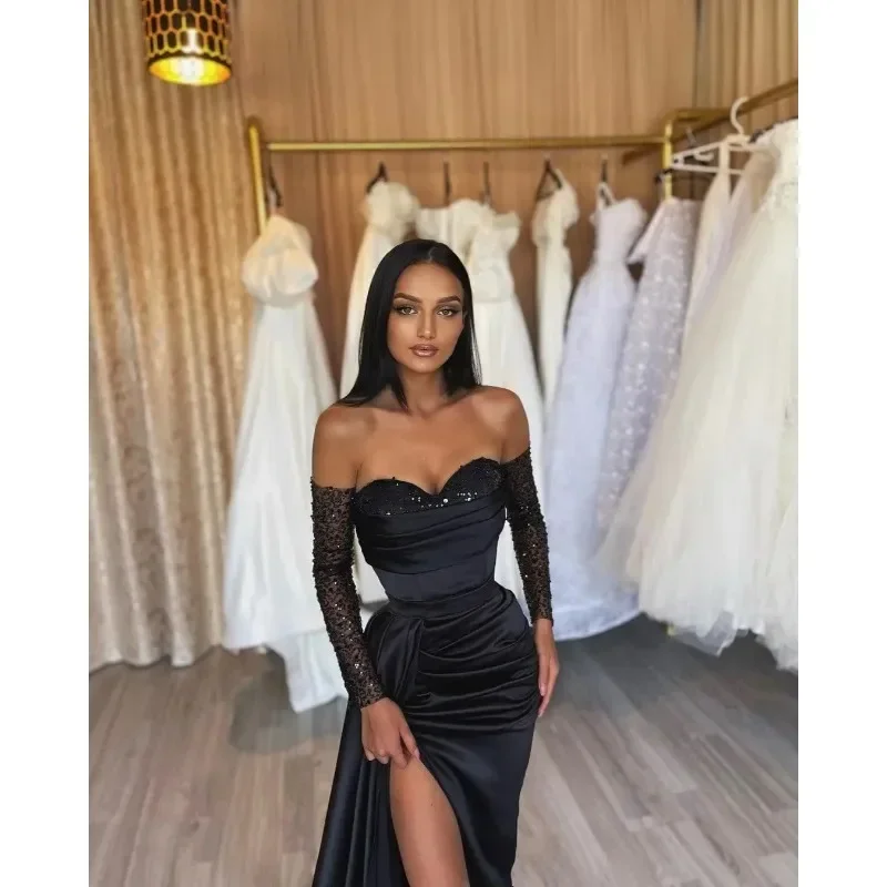 Off Shoulder Sequin Prom Dresses for Women Slit Long Sleeve Mermaid Satin Formal Evening Gowns Платье Для Мамы Жениха Party Robe