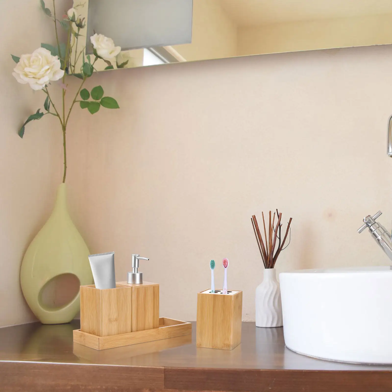 

4Pcs Bamboo Wood Bathroom Accessories Set Modern Minimalist Toothbrush Holder Cup for Tidy Bathroom Organization