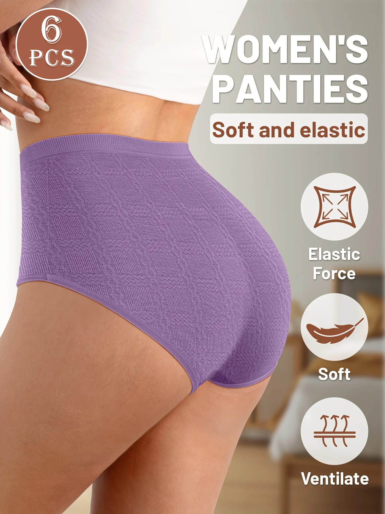 6-Pack High-Waist Ladies' Underwear Seamless Soft Breathable Abdomen Lifting Butt Enhancing Triangular Dark Pattern Fabric