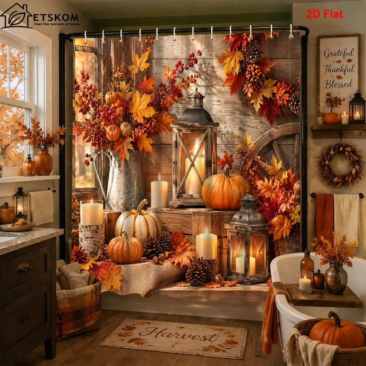 1pc 2D Flat Shower Curtain, Rustic Farmhouse Maple Leaf Pumpkin & Candle Lantern Printed Shower Curtain, Decor for Bathroom
