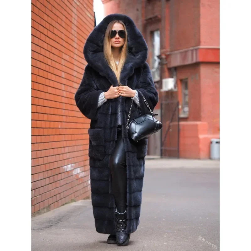 

Womens Faux Fur Hooded Jacket Street Style Trendy Beltless European Solid Color Long Sleeve Warm Outerwear