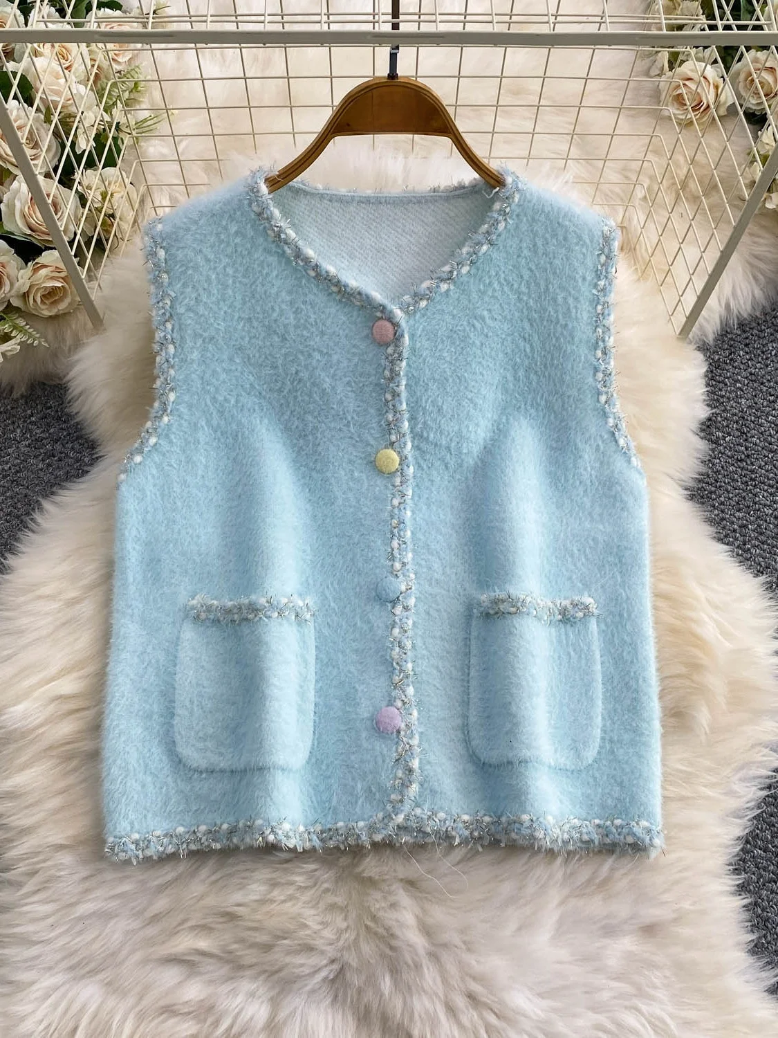 Elegant Young Women's Furry Jacket with Candy Button Lace Bright Thread round Neck Vest Warm City Commute Style Thickened Out...