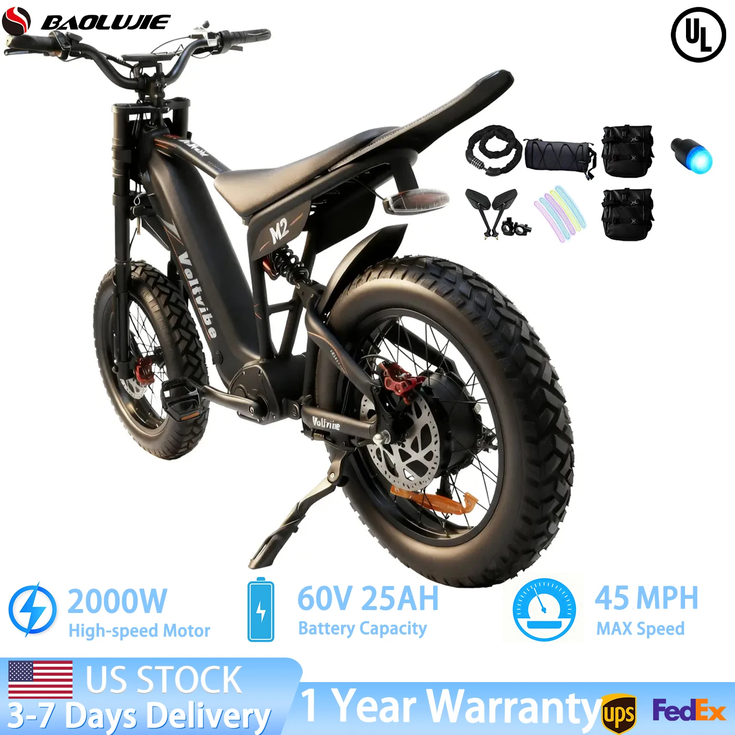 

【1 Year Warranty】BAOLUJIE M2 ebikes for adults Electric Bike 2000W High-speed Motor 45MPH Electric Bicycle Hydraulic Brake Ebike