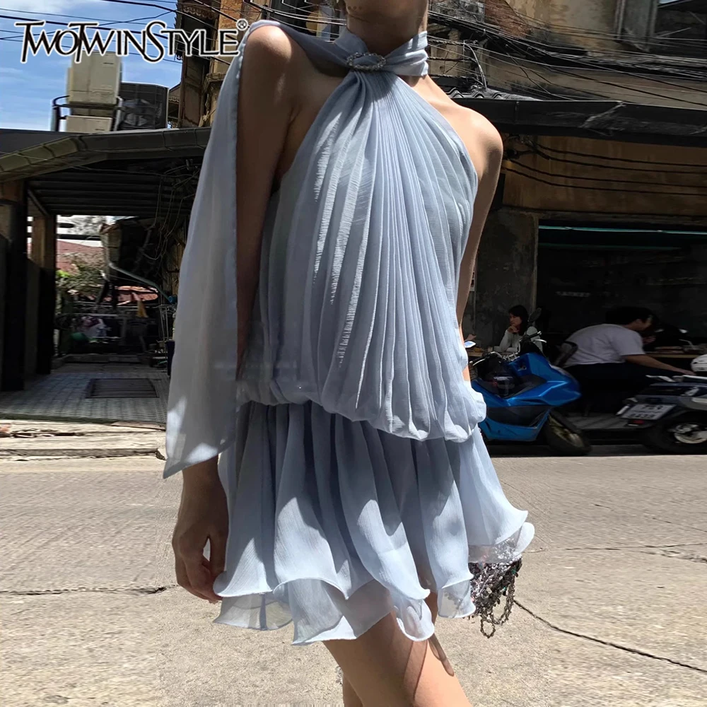 

TWOTWINSTYLE Solid Spliced Folds Elegant Dresses for Women Halter Sleeveless Patchwork Ruffles Dress Female Fashion Clothing New