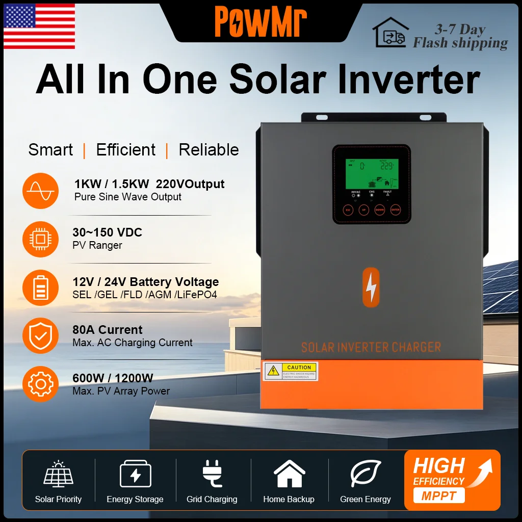 PowMr 220V 1KW 1.5KW Off Grid Hybrid Inverter DC 12V 24V to 230V AC Max PV 150Vdc with 80A MPPT Solar Charge Controlller for PV Home