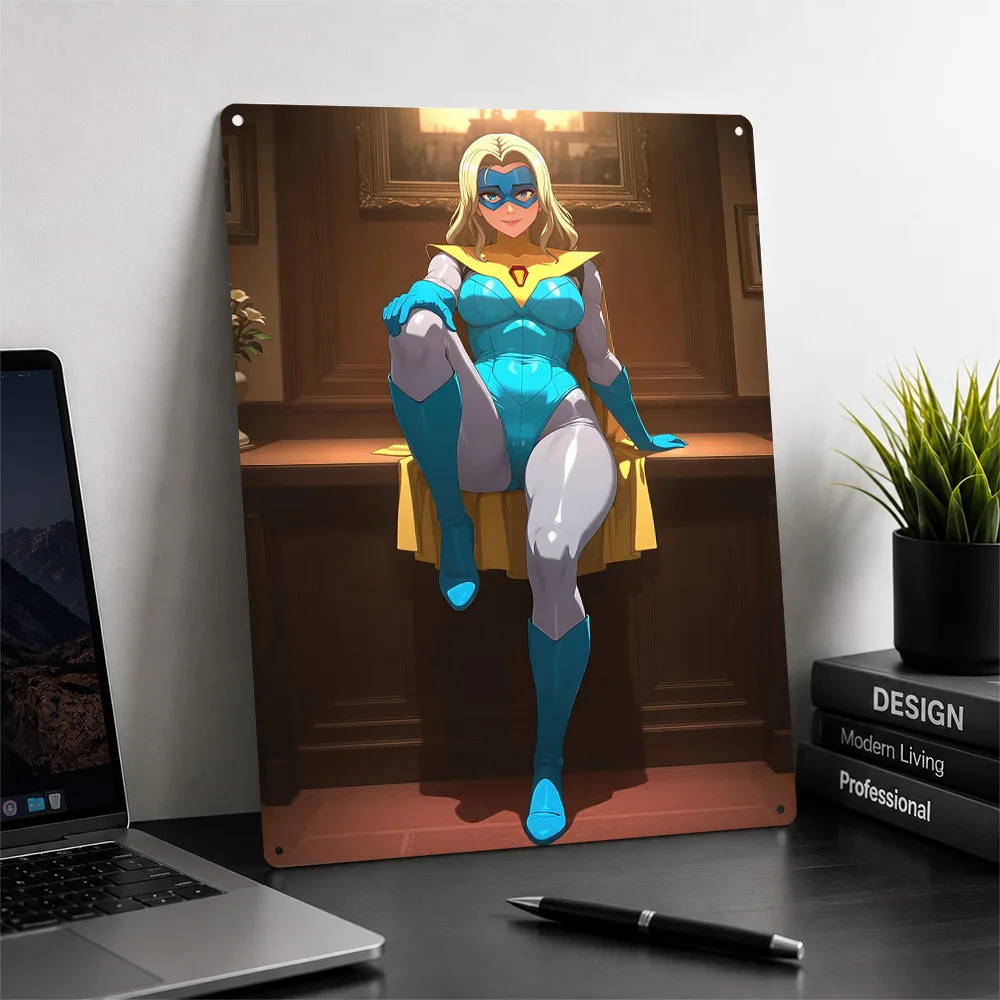 Blonde Superheroine Posing in Costume 3D Texture Metal Poster Customized Wall Art Tin Sign Gift for Mancave Room Ornaments Decor
