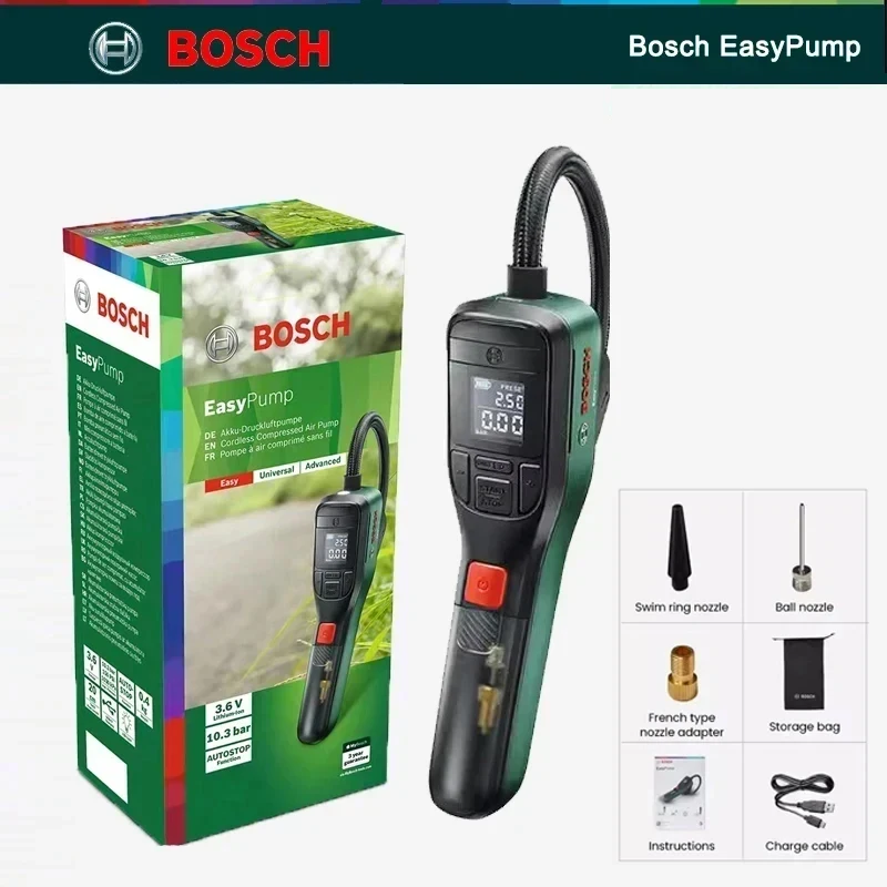 Bosch EasyPump-bomba de aire eléctrica inalámbrica, inflador de aire comprimido con pantalla LED, 3,6 V, 150PSI, portátil, con luz