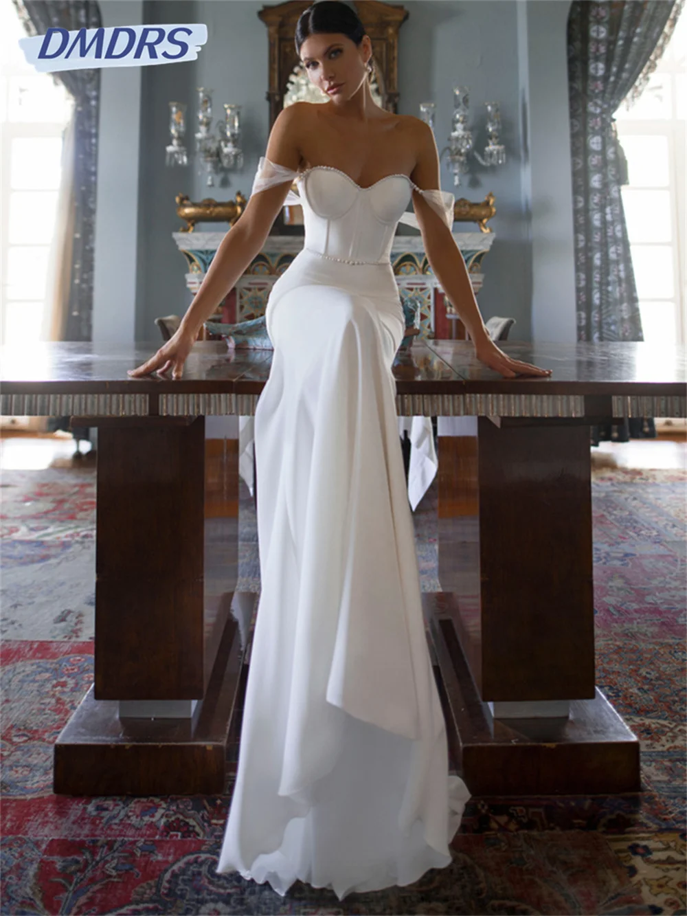 Vestido De novia sin mangas con cuello De barco, traje Sexy con espalda descubierta, perlas, ideal para baile De graduación, banquete De celebridades