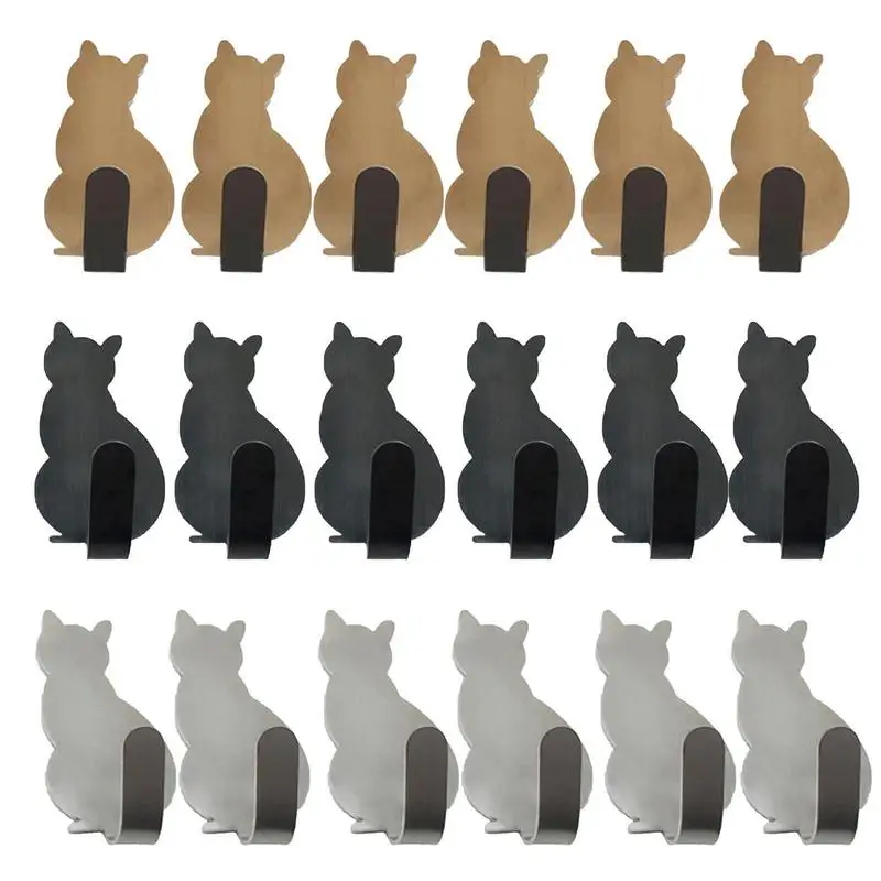 6Pcs Cat Wall Hooks Stainless Metal Steel Cat Adhesive Hook Key Holder for Wall Pack Wall Mounted Decor Shower Hook for Bathroom