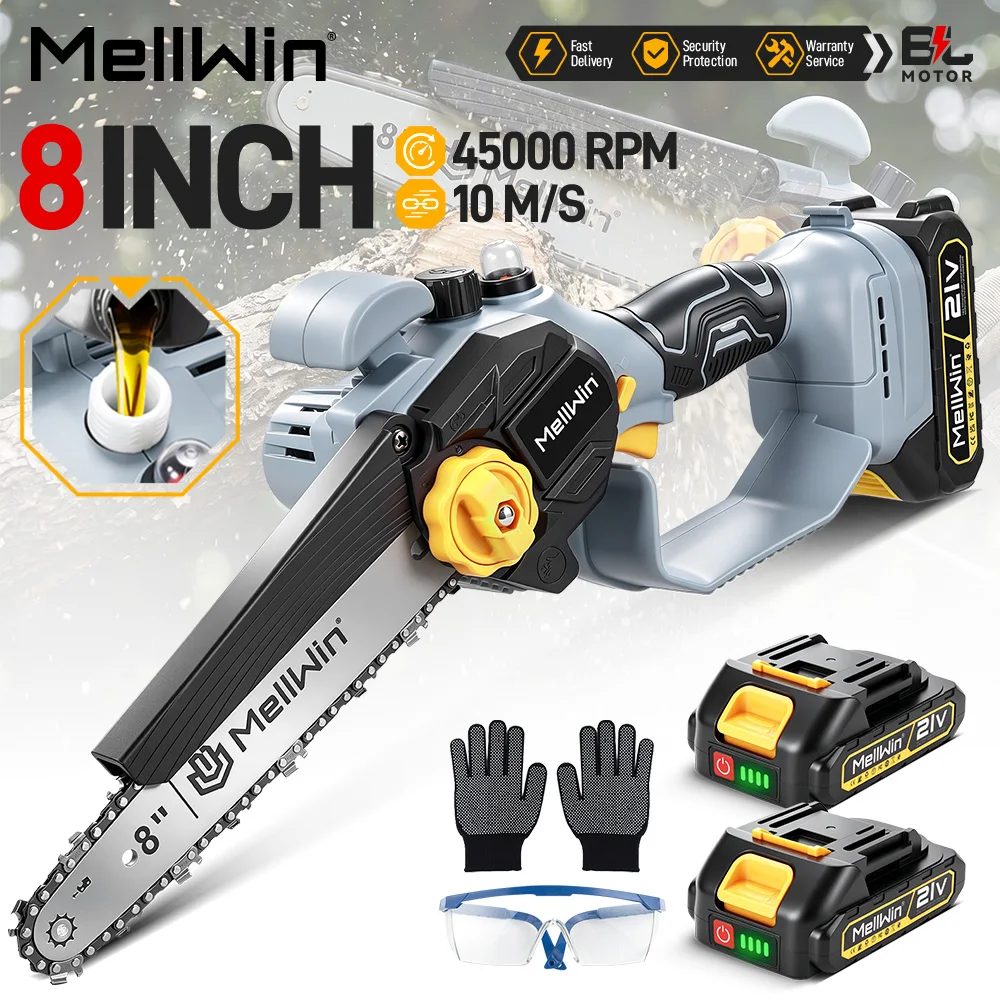 MELLWIN 8 Zoll Bürstenlose Elektrische Kettensäge 4500W Garten-Holzschneidemaschine Baumschnitt-Säge Elektrowerkzeug für Makita 18V Akku
