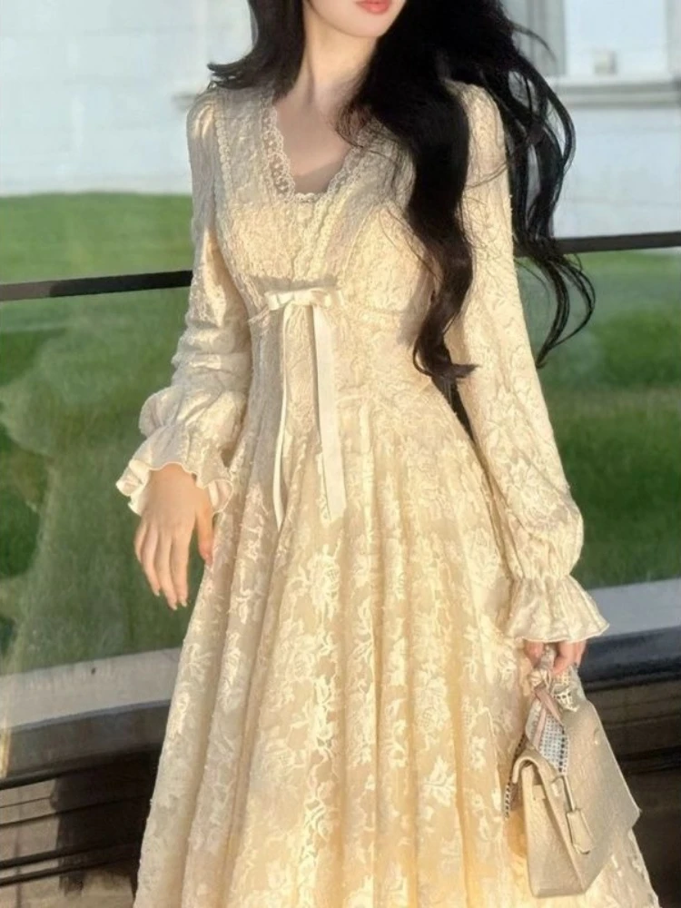 

V Neck Lace Sweet Bow Dresses Women Flare Sleeve Temperament Robe Femme 2026 Tunic A-line Korean Maxi Dress